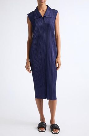 Issey Miyake Monthly Colors May Pleated Sleeveless Midi Polo Dress in Navy at Nordstrom, Size 3
