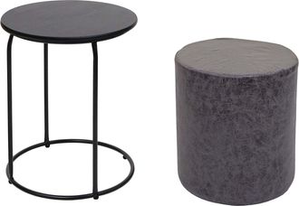 Hhg Nunca Usado] Juego De 2 Taburetes Y Mesa Auxiliar Hhg 410, Taburete De Mesa De Centro, Mdf Certificado Mvg Imitaci&oacute;n De Cuero, Negro