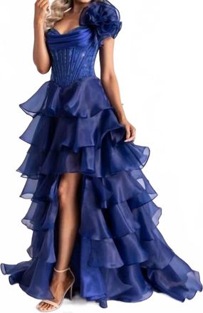 Rachel Allan Sweetheart Basque Ruffled Tier Prom Gown In Navy
