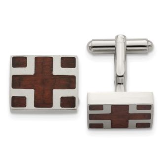 Diamond2Deal Stainless Steel Polished with Cherry Wood Inlay Cross Design Square Cufflinks