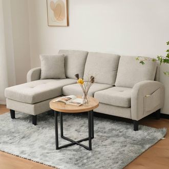 Merax 166cm L-Shaped Cotton-Linen Corner Sofa with Reversible Chaise Lounge in Beige