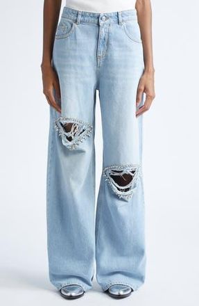 Area Distressed Crystal Trim Relaxed Slit Jeans in Medium Blue at Nordstrom Rack, Size 25