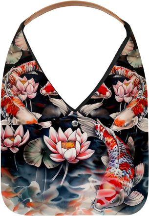 Generic Koi Fish Lotus Art Painting Reusable Lightweight Grocery Bags - Foldable Into Compact Pouch, Washable & Sturdy, Multipurpose for Shopping and Travel