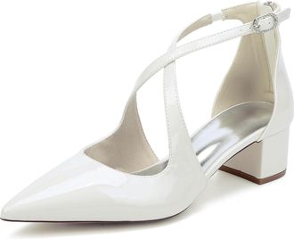 Generic Wedding Bridal Shoes Womens Bridal Patent Buckle Pointed Toe Block Wedding Chunky Low Heel Pumps Shoes 4.5Cm,Off White,10 UK