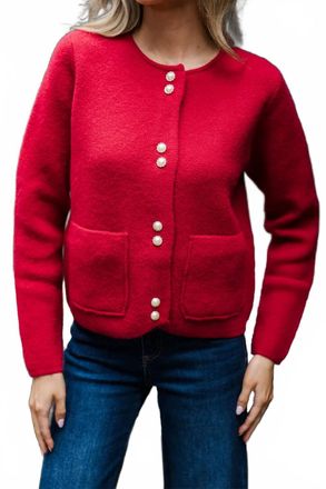 Fate Pearl Button Patch Pocket Cardigan In Ruby Red