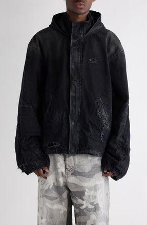 Balenciaga Hooded Distressed Denim Workwear Jacket in 1037 Black Fade Out at Nordstrom, Size X-Large