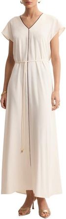 Mango Contrast Piping Belted Midi Dress in Ecru at Nordstrom, Size 10
