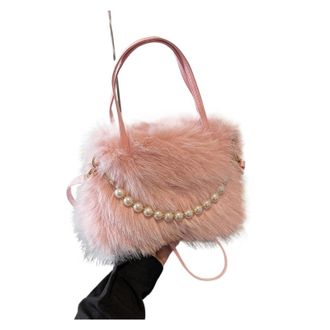 Generic Womens Plush Bags Pearl Handle Womens Plush Crossbody Bag Portable Handbag Winter Fashion Casual Shoulder(Pink)