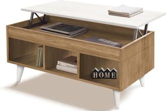 HOGAR 24 Mahi - Mesa Centro Elevable con Almacenaje y Estantes. Madera Maciza Natural, Combinado Color Encerado y Blanco. Medidas: 100cm x 50cm x 47cm