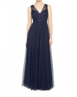 Theia Kiana Beaded V Neck Gown In Navy