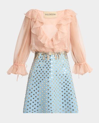 Valentino Garavani Embroidered Ruffle Crepe Couture Mini Dress