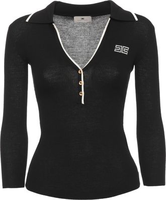 Elisabetta Franchi Ribbed Wool Sweater with Profile Collar and Gold Accents