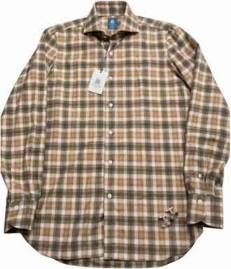 Finamore Mens Napoli Llong Sleeve Button Down Shirt In Brown/green Plaid