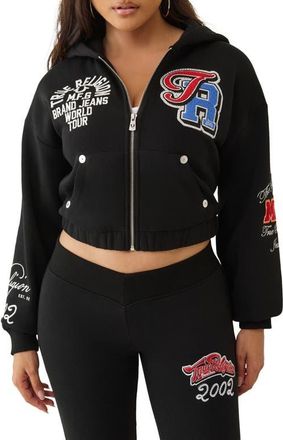True Religion Front Zip Cotton Blend Crop Hoodie in Jet Black at Nordstrom, Size Xx-Small