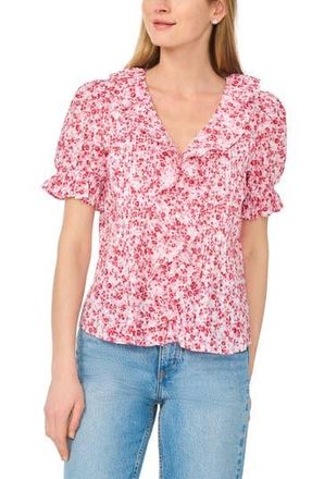CeCe by Cynthia Steffe Puff Sleeve Pintuck Top in Hibiscus Red at Nordstrom Rack, Size X-Large