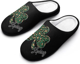 Generic Lucking Clovers Leopards Print Slippers Men Winter Warm Cotton Anti-Slip Indoor Slip-Ons House Shoes