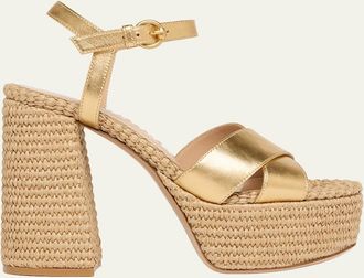 Gianvito Rossi Metallic Raffia Crisscross Platform Sandals