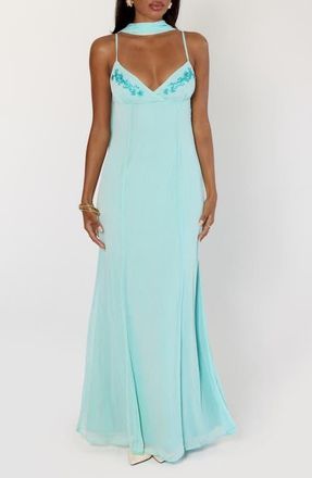 Princess Polly Jadira Chiffon Gown & Scarf Set in Aqua at Nordstrom, Size 10