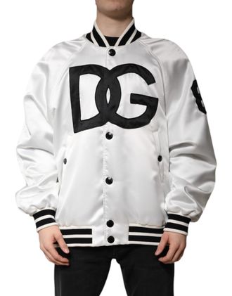 Dolce & Gabbana Mens White Dg Logo Polyester Jersey Bomber Jacket Clothing