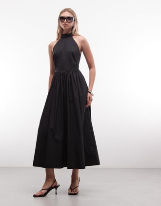 AllSaints Arora - Vestito lungo allacciato al collo nero con schiena scoperta