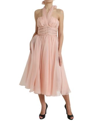 Dolce & Gabbana Womens Pink Silk Chiffon Halter A-Line Pleated Midi Dress