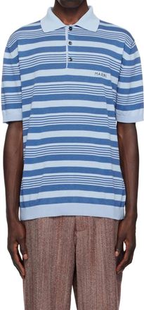Marni Striped Cotton Short Sleeve Knit Polo Shirt In Blue