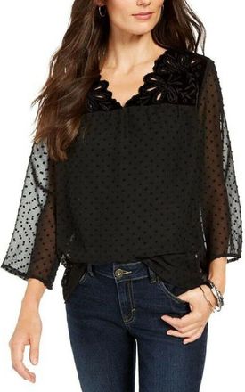 Style & Co. Style & Co Womens Mixed-Media Sheer-Sleeve Blouse Black