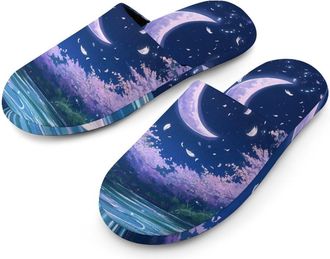 Generic Cherries Flowers Starry Sky Falling Feathers Warm Mens Slippers Slip On Soft Fleece House Shoes Winter Indoor Outdoor