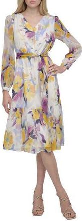 DKNY V-Neck Fit & Flare Dress in Sunshine Multi at Nordstrom Rack, Size 16