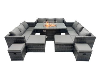 Fimous Rattan Garden Furniture Firepit Dining Set 13 Seater Lounge Sofa Table Set with 4 Footstools in Dark Grey