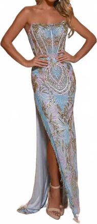 Rachel Allan Fringe Slit Strapless Corset Dress In Powder Blue