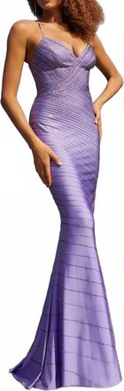 Faviana Stretch Satin Rhinestone Dress In Lilac