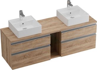 Vente-Unique Mueble de ba&ntilde;o suspendido con doble lavabo - Color natural claro - 150 cm - MAGDALENA II