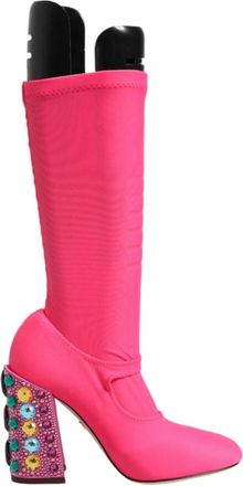 Dolce & Gabbana Kristalversierde hoge laarzen - Dames - Laarzen met Hak - Roze - 35 1/2 EU - Nylon - Schoenen