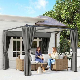 OUTSUNNY 3 x 3(m) Pergola with Retractable Roof & Curtains in Dark Grey