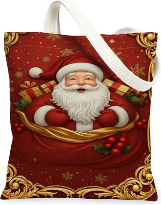 Generic Christmas Santa Canvas Tote Bags, Holiday Decorative Reusable Grocery Bags, Vintage Festive Lightweight Washable Shoulder S, Red, 13x15 Inch