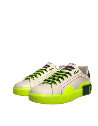 Dolce & Gabbana Womens White Yellow Portofino Leather Sneakers Shoes Calfskin