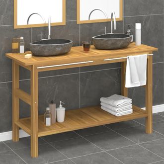 vidaXL Tocador De Ba&ntilde;o Con Lavabos Piedra De R&iacute;o Madera Maciza De Teca Vidaxl