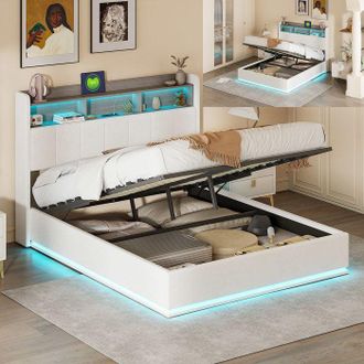 OEM Cama Lit 140x200 Cm En Terciopelo Blanco Con Led Integrada, Somier De Lamas Y Gran Almacenamiento