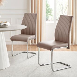 Furniturebox 2x Lorenzo Faux Leather Chrome Dining Chairs in Beige