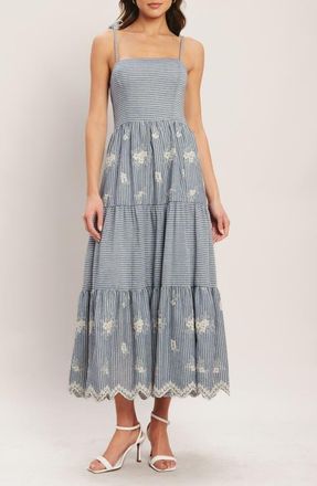Flying Tomato Stripe Floral Embroidered Tie Shoulder Midi Dress in Striped Indigo at Nordstrom, Size Large