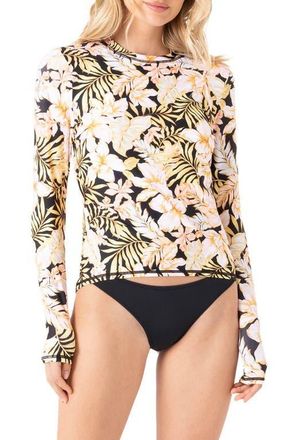 Roxy Tropical Sea Skippin Long Sleeve Rashguard in Black Multi at Nordstrom, Size Large