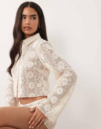 Lioness Babydoll - Camicia color crema in cotone alluncinetto a fiori con bottoni e maniche a campana in coordinato-Neutro