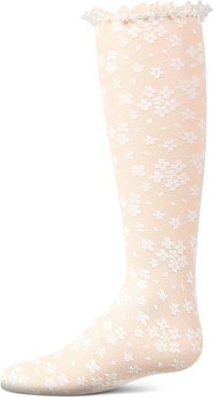 MeMoi Floral Lace Mesh Knee High Sock in Winter White at Nordstrom, Size 6-12M
