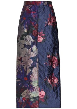 Erdem Floral-print Textured Satin Midi Skirt - Blue - 14 (UK14 / L)