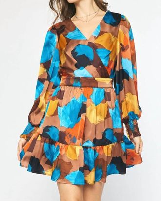 Entro Printed Long Sleeve Mini Dress In Brown/multi