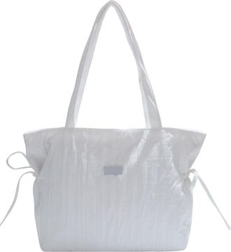 Generic Womens Nylon Tote Bag, Pleated Shoulder Bag with Bow Decoration, Zipper Closure, Comfortable Double Shoulder Straps, Applies to Work (White,33 * 12 * 