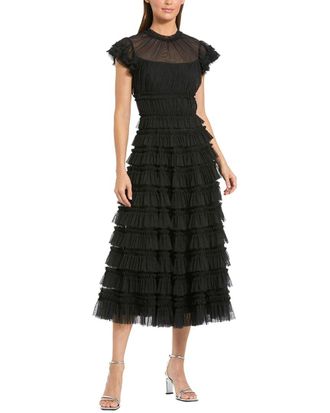Mac Duggal Mesh Micro Ruffle High Neck Cap Sleeve Midi Dress