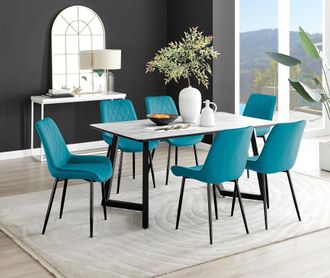Furniturebox Carson White Marble Effect Dining Table & 6 Pesaro Black Leg Chairs in Blue
