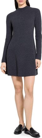 Theory Traveling Long Sleeve Wool & Cashmere Rib Dress in Charcoal at Nordstrom, Size Petite